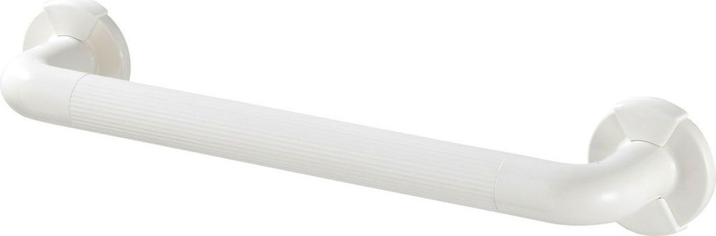 A white grab bar for a bathroom.