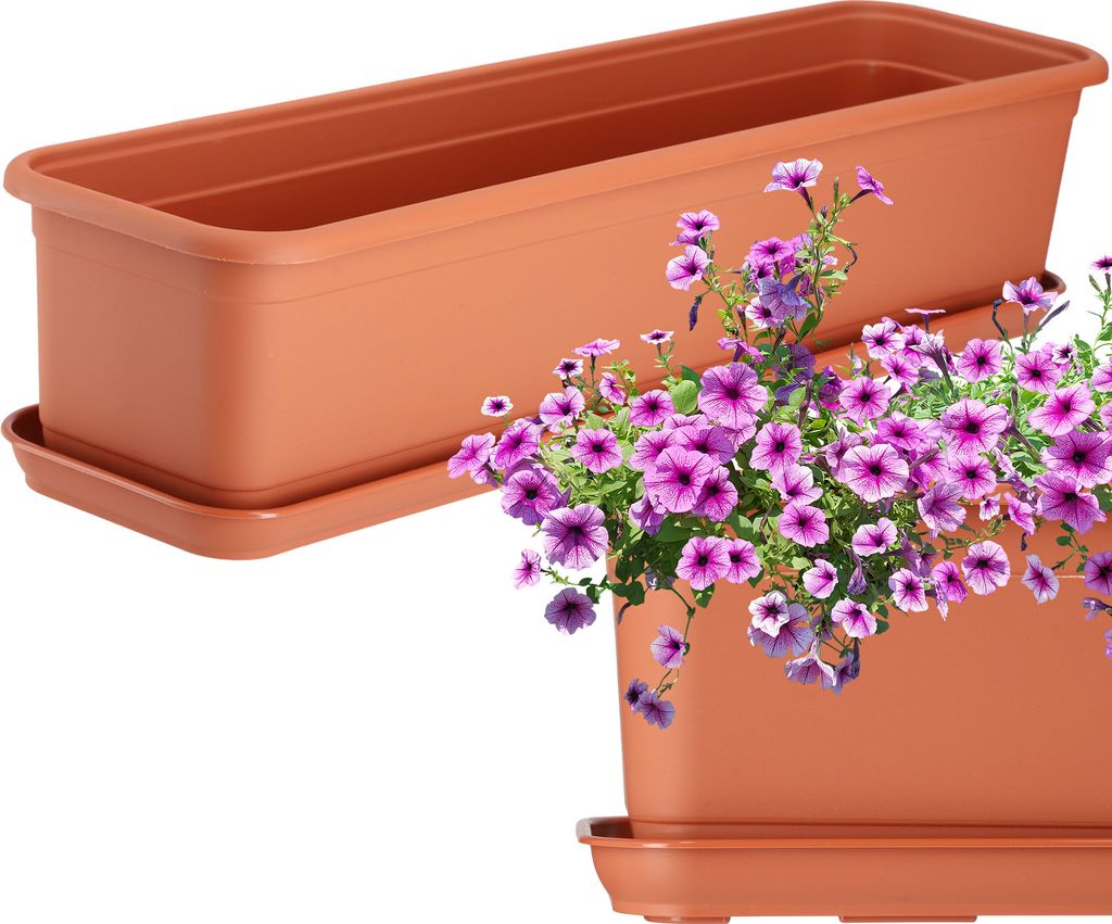 KADAX Blumenkasten mit Untersetzer "Evron", aus Kunststoff, Blumentopf für Balkon, Terrasse, Fensterbank, 60 cm, Terracotta