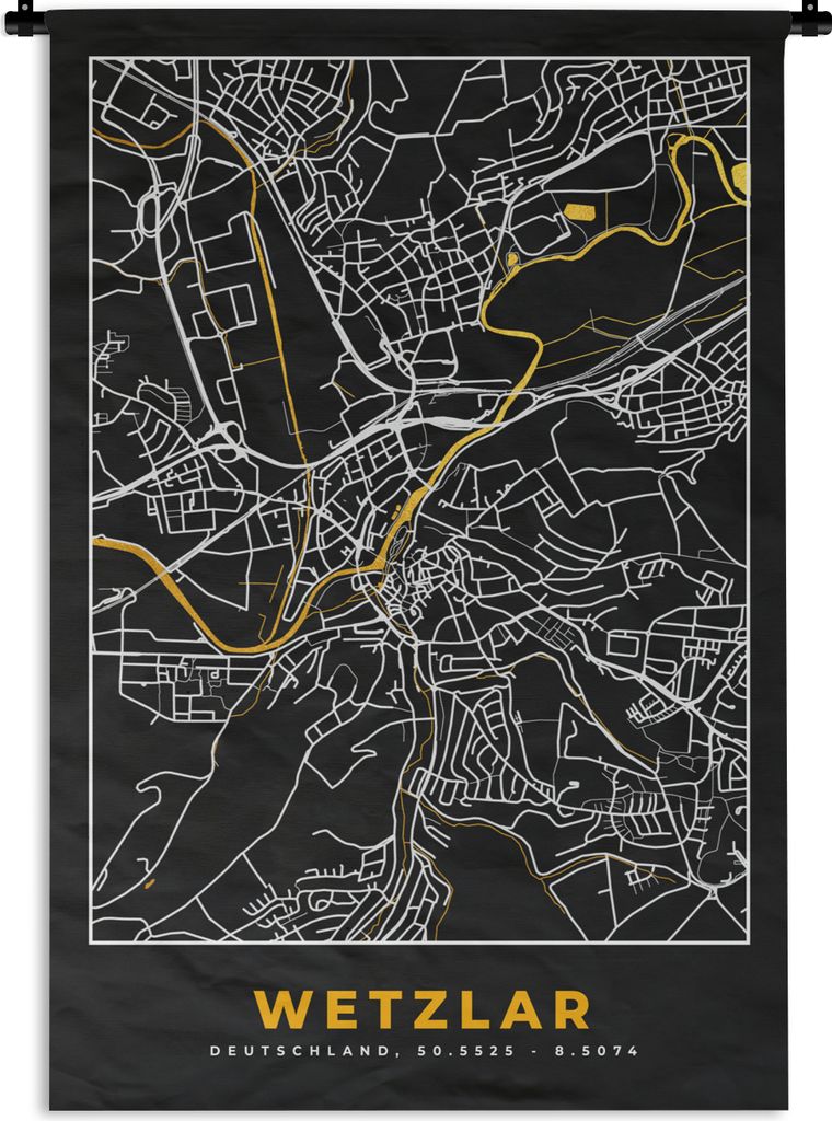MuchoWow Wandteppich Wandbehang Wetzlar - Gold - Stadtplan - Deutschland - Schwarz und Gold - Karte 120x180 cm Tapisserie Dekoration Wandtuch - S...