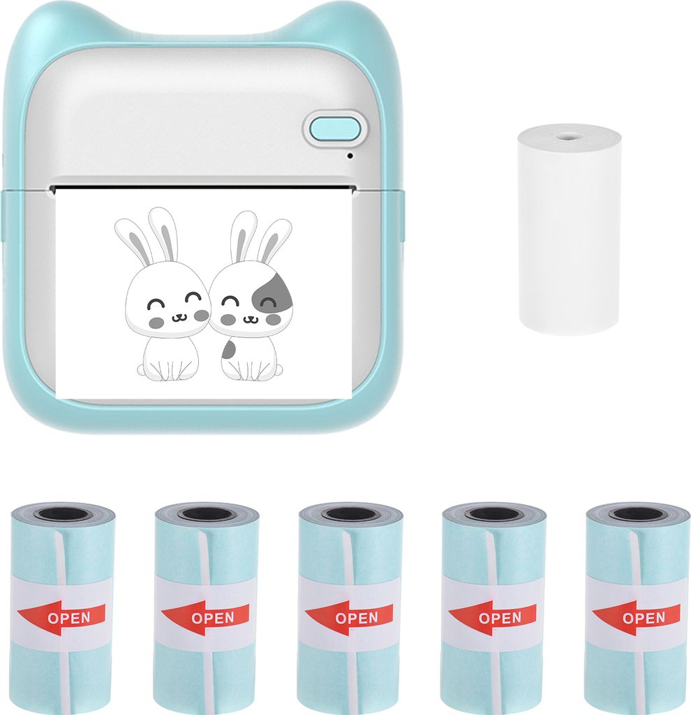 Mini Thermodrucker,Schwarz-Weiß-Fotodrucker Sofortdrucker 203 DPI, drahtlose Bluetooth, Aufkleber mit 5 Rollen Thermopapier 57 x 25 mm kompatibel ...