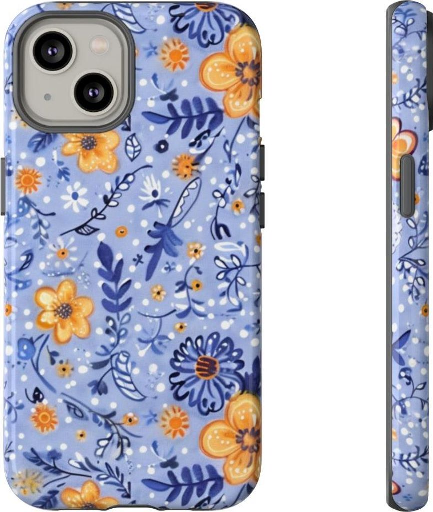 Blumenmuster in Blau und Orange – Hülle Kompatibel mit iPhone 14