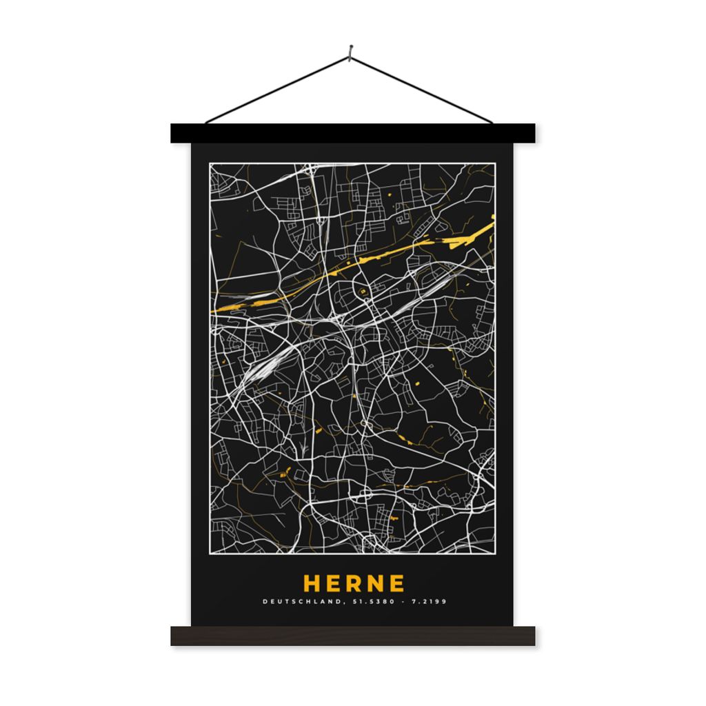 MuchoWow Textilposter Herne - Stadtplan - Deutschland - Karte - Gold 60x90 cm mit schwarzem Rahmen - Poster Wohnzimmer
