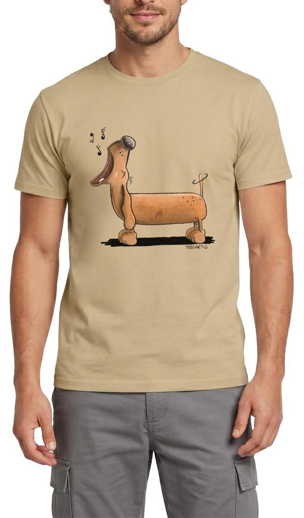 Spreadshirt Jaulender Dackel Comic Dachshund Männer T-Shirt, S, Sandbeige