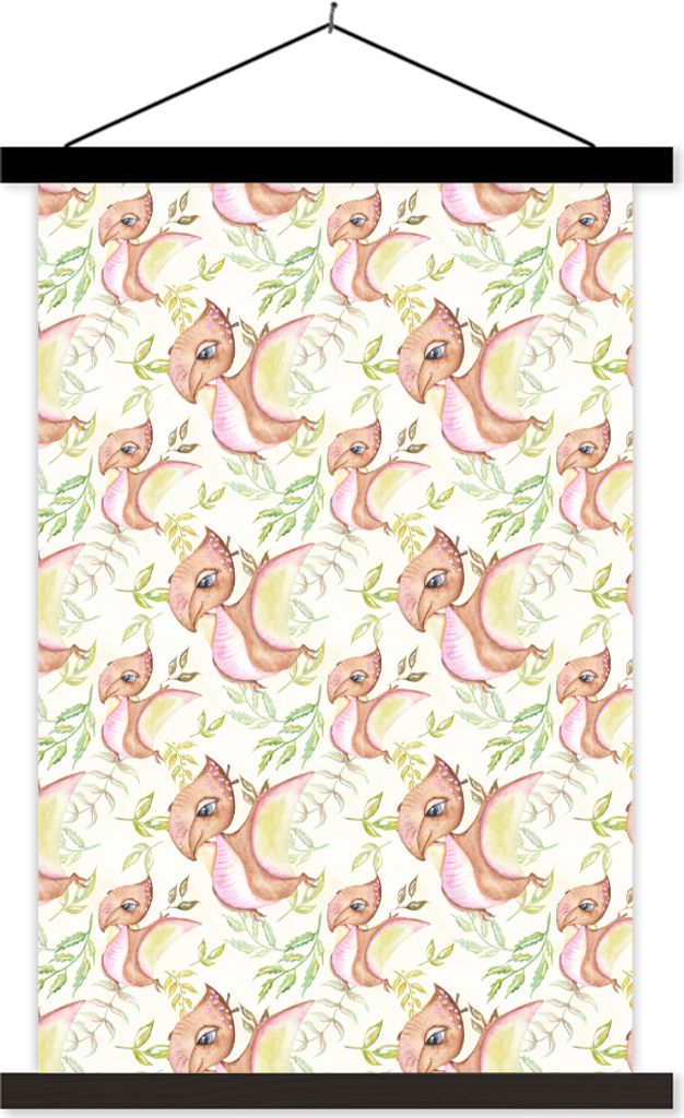 MuchoWow Textilposter Kinderzimmer - Dinosaurier - Blätter - Mädchen - Kinder - Rosa - Kinder 120x180 cm mit schwarzem Rahmen - Fotos