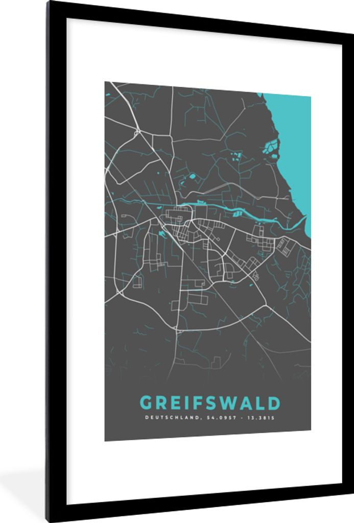 MuchoWow Gerahmtes Poster Stadtplan - Karte - Greifswald - Blau - Deutschland - Karte 60x90 cm - Poster mit Schwarzem Bilderrahmen Wandposter Rah...