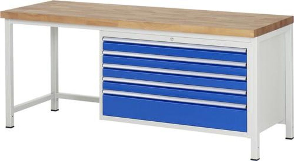 Werkbank mit 5 XXL Schubladen - Teilauszug - 90:4 / 180:1 - 840 x 2.000 x 700 mm (HxBxT) - Traglast 1.250 kg - Buche