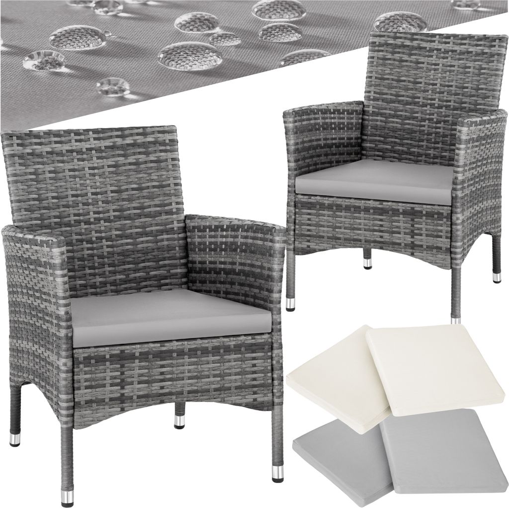 A collage featuring two gray rattan chairs with light gray cushions, and a separate image of four cushions in cream and gray.