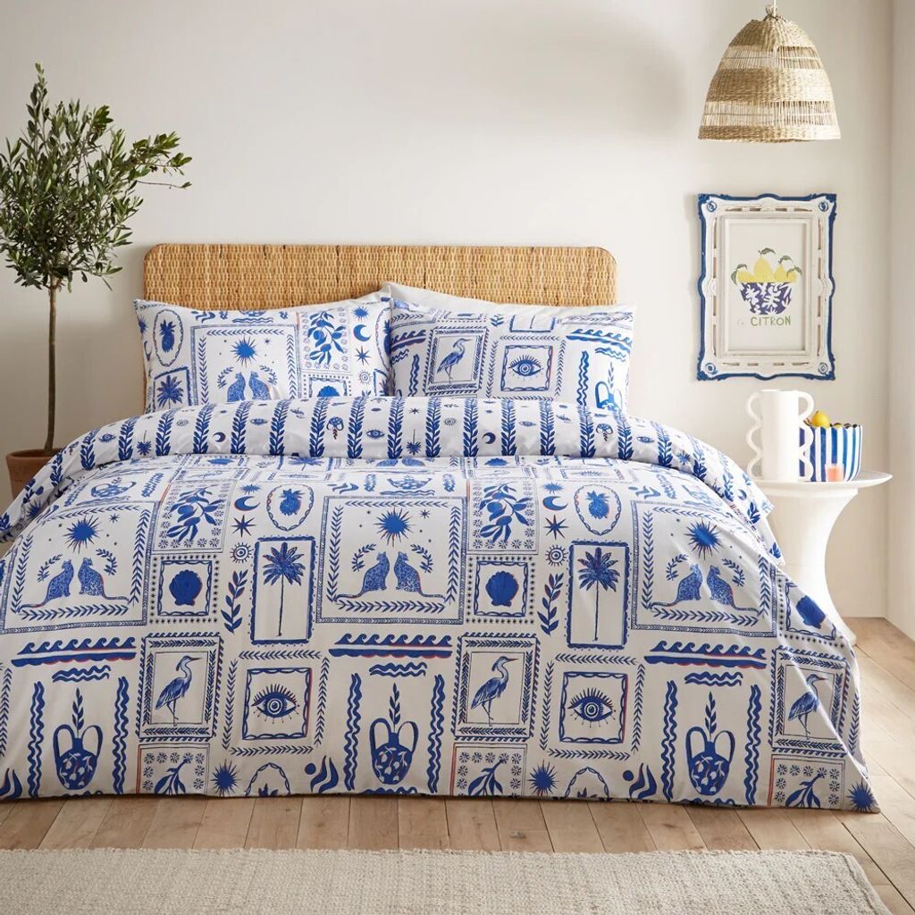 Furn - Bettwäsche-Set "Frieze" RV3436 (Superking) (Blau/Weiß)