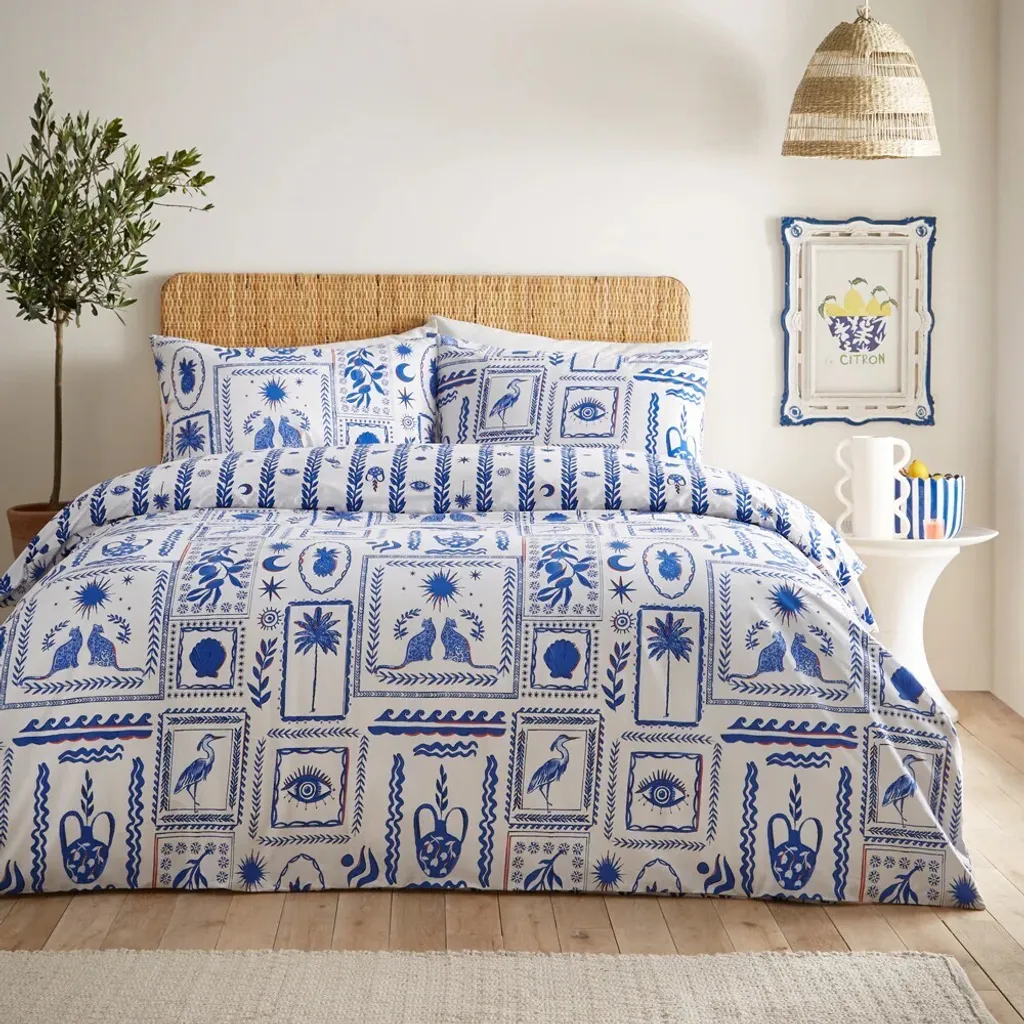 Parure de Lit Superking Design Frieze Bleu Blanc pour Chambre Moderne