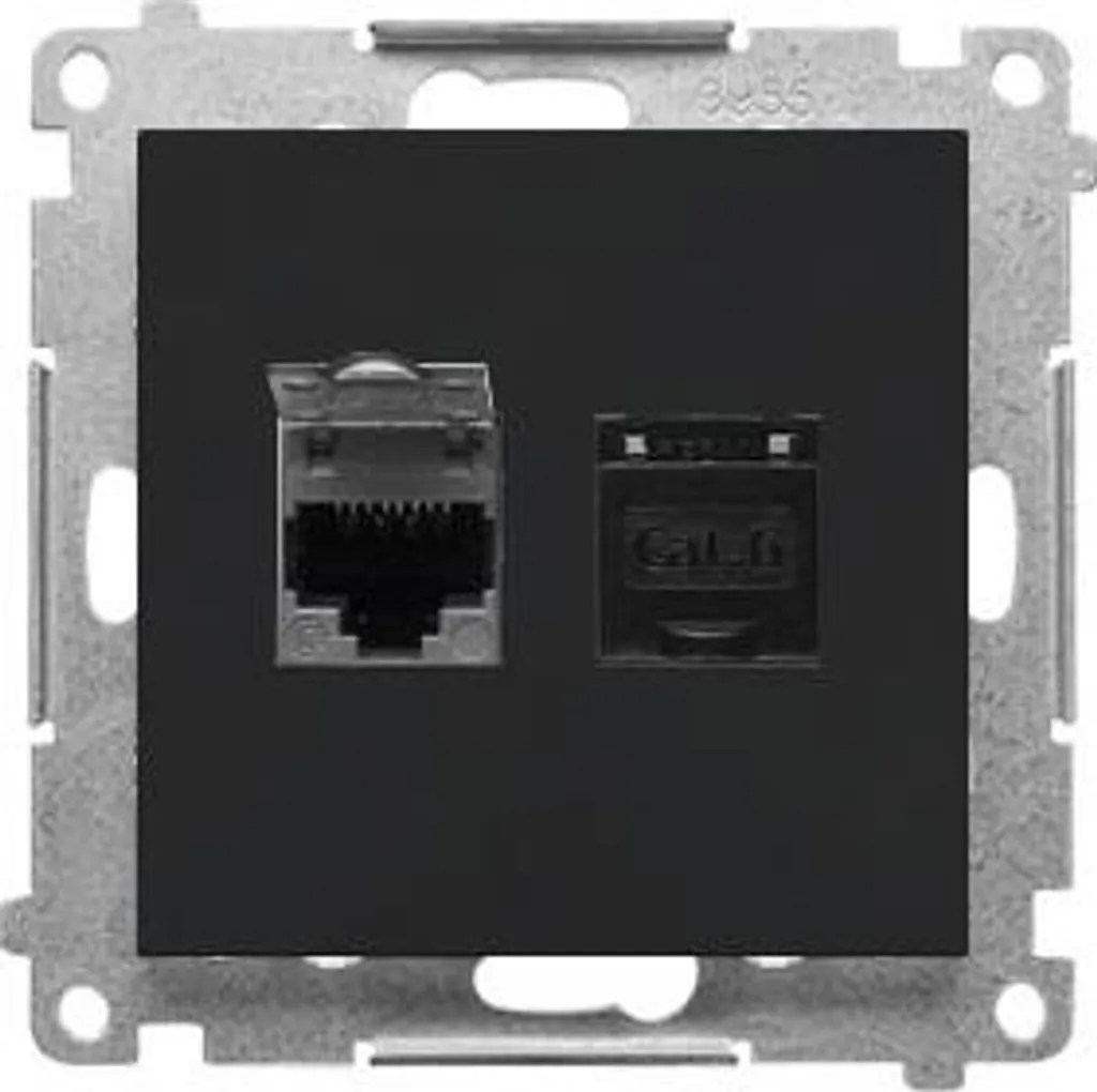 Double prise RJ45 Catégorie 6 Simon 55 Noir Mat avec clapet anti-poussière