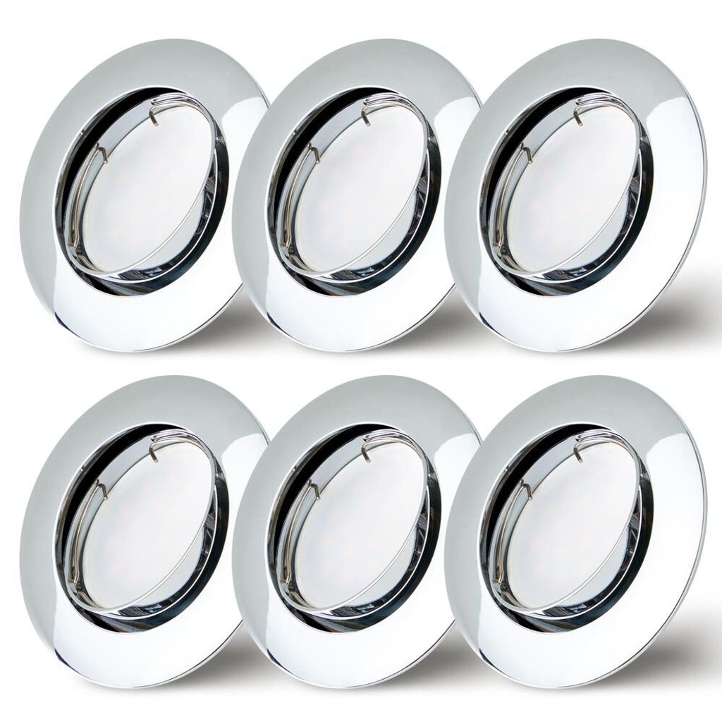 6er Set Einbaustrahler Chrom Ø75mm Lochbohrung mit LED Modul 5 Watt 400 Lumen Warmweiß 2700K ultra flach 30mm schwenkbar