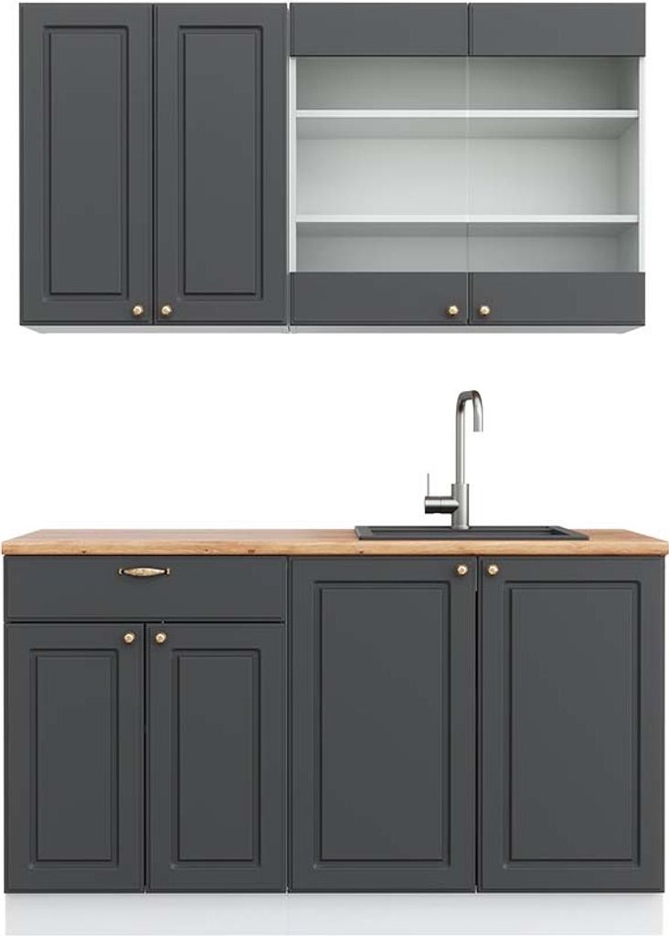 Singleküche Vicco Fame-Line Anthrazit-Gold/Weiß 140 cm , AP Eiche, Model 42394