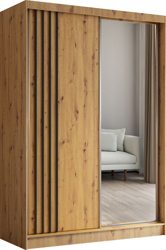 ALTDECOR Kleiderschrank mit Spiegel und Schiebetüren, kugelgelagerte Führungsschienen und Aluminium-Leisten - NALLA - 150 cm (Artisan + Artisan +...