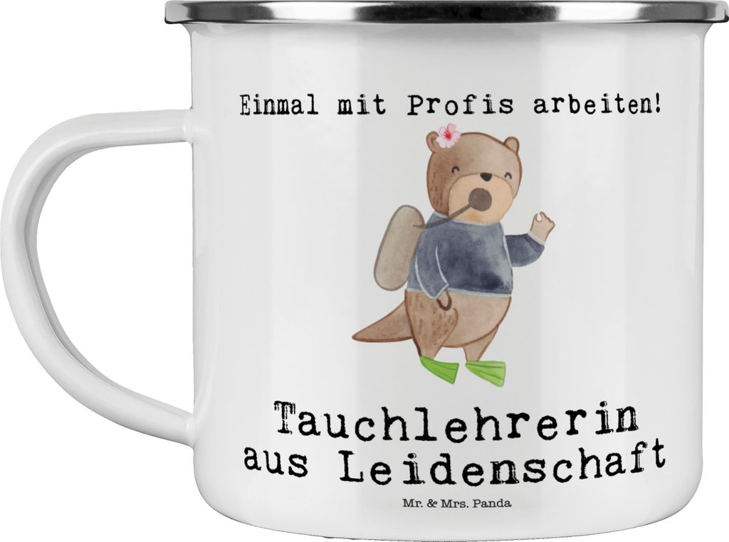 Mr. & Mrs. Panda Tasse Emaille Tauchlehrerin Leidenschaft - Weiß - Geschenk, Haferl, wandertasse, Teetasse, Kaffeepott, Motivtasse