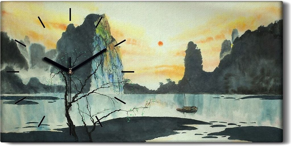 Dekor Leinwand Uhr Wandbilder Geräuschlos 60x30 Asien Berg Nebel Chinesisch - schwarze Hände