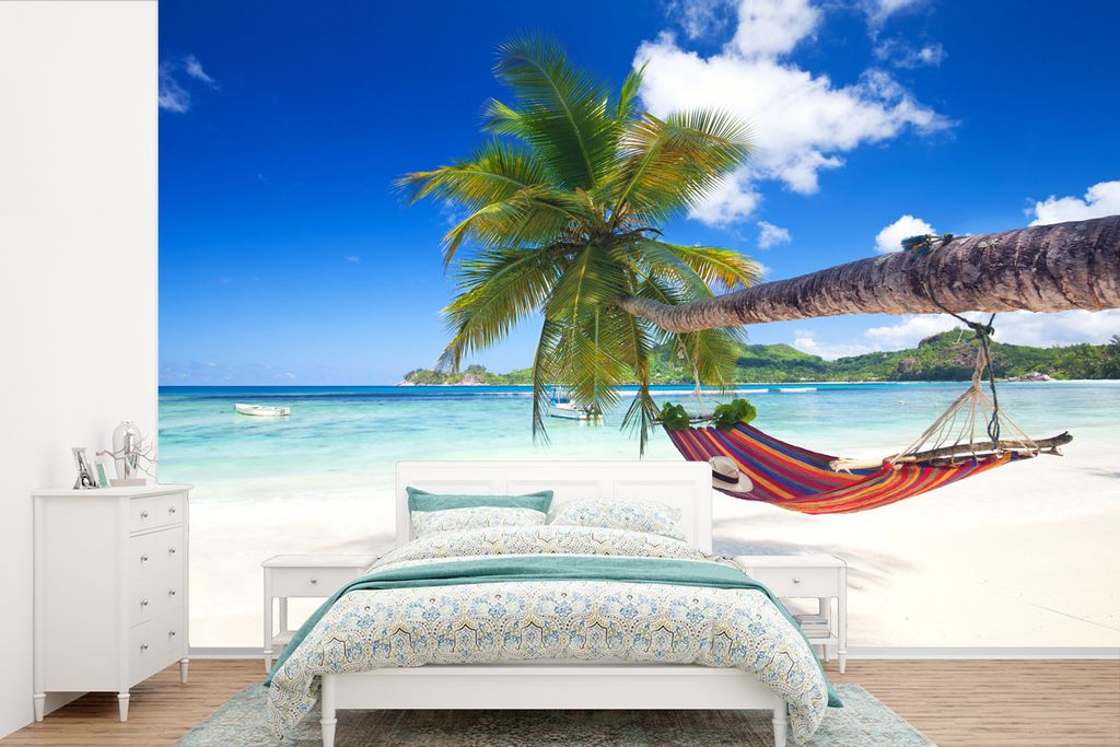 MuchoWow Fototapete für Wohnzimmer oder Schlafzimmer Wandtapete Vinyl Motivtapete Strand - Hängematte - Meer - Palme - 420x280 cm - Zimmer für...