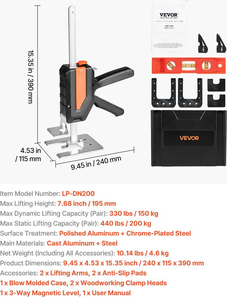 Produktbild von VEVOR Armwagenheber (2 Stk.) – 150 Kg Tragkraft, 180 Mm Hub, Magnetische Wasserwaage, Höhenverstellbar, Für Türen, Möbel & Holzbearbeitung