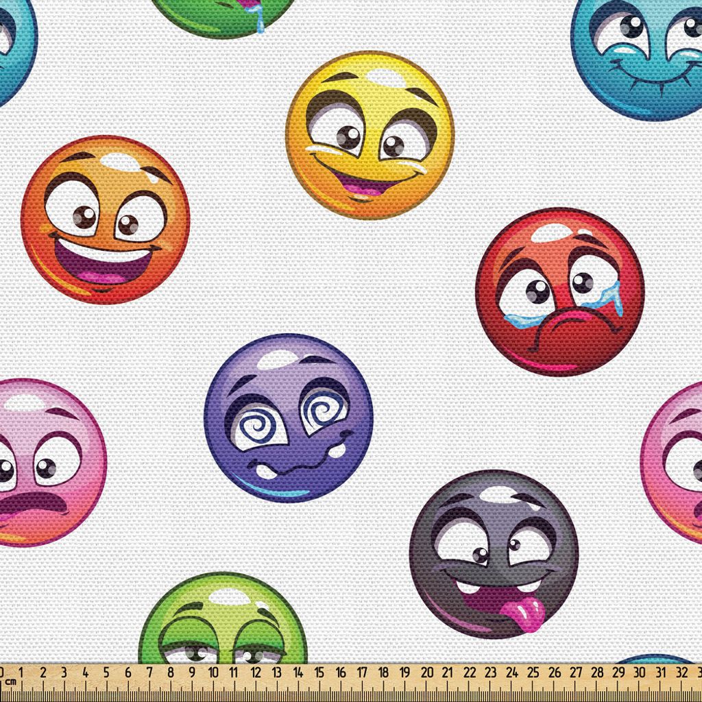 ABAKUHAUS emoji Gewebe als Meterware, Karikatur-Gesichter in den verschiedenen Farben und in den emotionalen Staaten, die glückliche Zunge in der ...