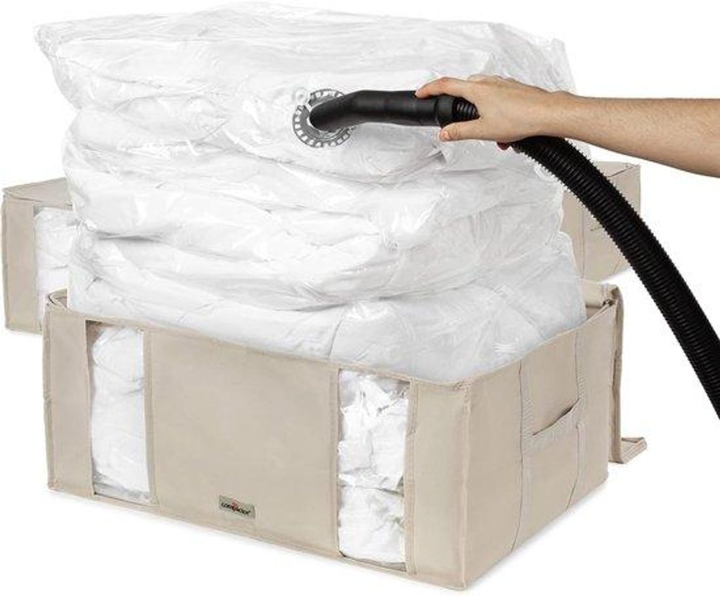 Famanu Vakuum-Aufbewahrungsboxen – Set von 3 – XXL Format – Für Kleidung, Kissen und Decken – Bis 210 Liter – Beige