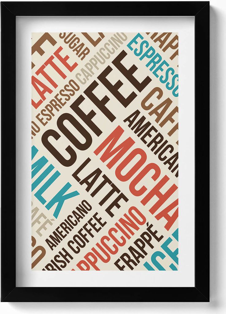 Untertitel für die Küche - Namen von Kaffee– Wandbild mit Rahmen – Gerahmtes Bild – Wanddekoration – 20x30 cm – Schwarz