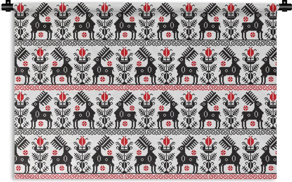 MuchoWow Wandteppich Wandbehang Hirsche - Muster - Schwarz - Rot 60x40 cm Tapisserie Dekoration Wandtuch - Wanddekorationen