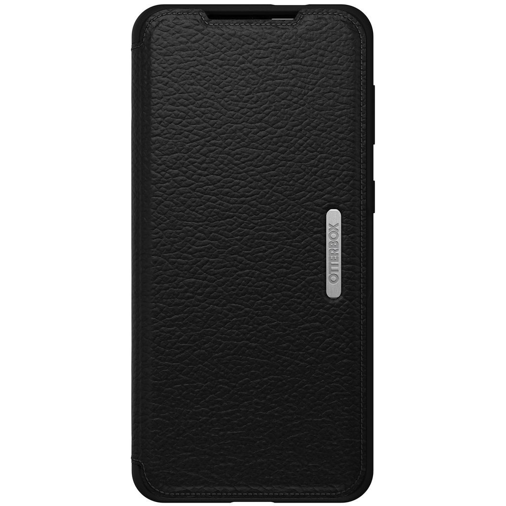 A black leather phone case with the OtterBox logo.
