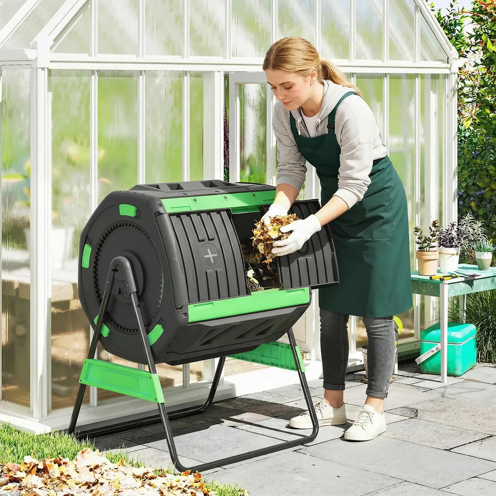Compostier rotatif à double compartiment 200L sans BPA vert militaire - 2