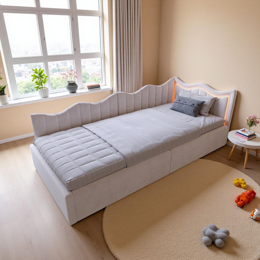 UnboxG Polsterbett 90×200 cm in Beige, Samtstoff – Kinder- Produktbild 