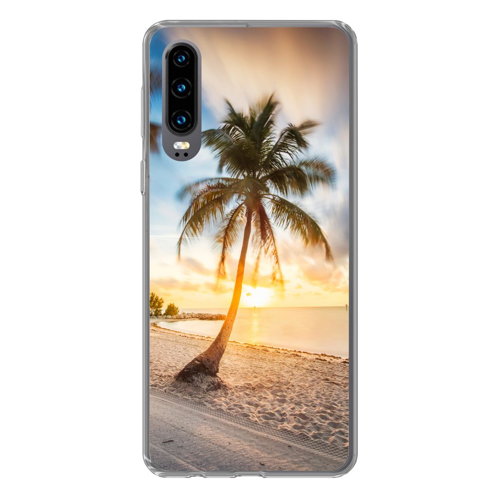 MuchoWow Handyhülle Schutzhülle Hülle für Huawei P30 Sonnenuntergang - Strand - Palme Silikon Softcase Handy Hülle - Kartenbesitzer