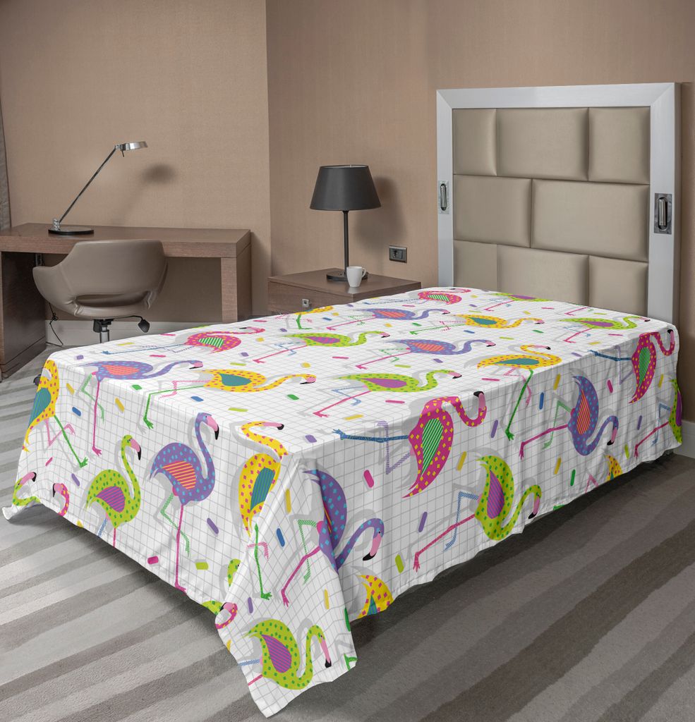 ABAKUHAUS Flamingo Bettlaken, Bunte Retro Vintage Flamingo Muster Im Tupfen Entwurf Überprüften Hintergrund, weiches bequemes oberes Bettlaken f...