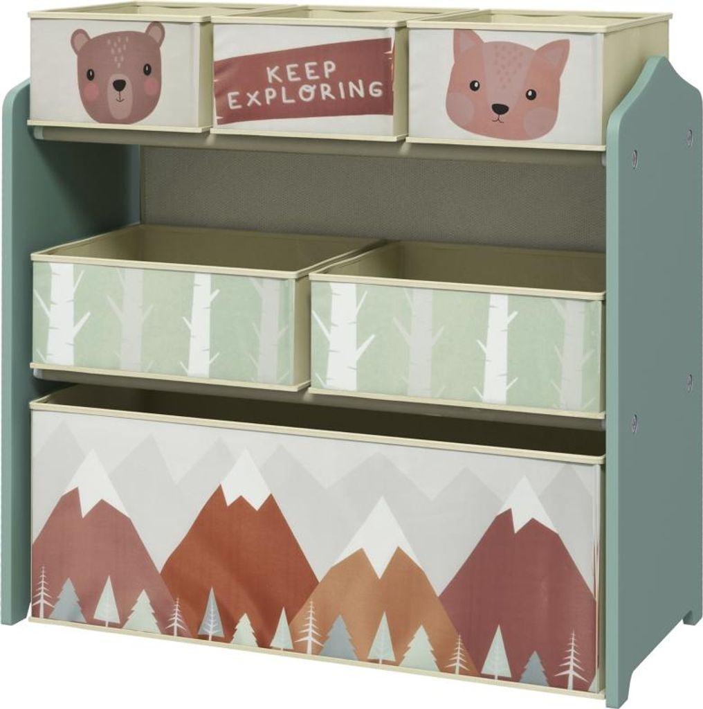 Fortuna Lai Kinderschrank mit 6 Stoffboxen, niedliches Motiv, 63x30x66 cm, Grün