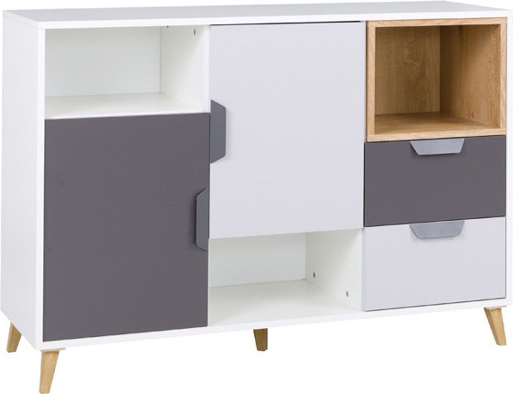 Kommode Joker 07 Sideboard 120 cm mit 2 Türen 2 Schubladen Kinderzimmer Weiß / Graphit + Grau + Lefkas Eiche