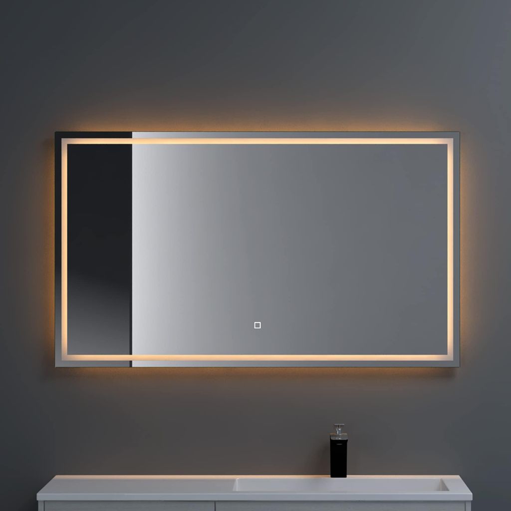 A modern bathroom mirror with integrated LED lighting, mounted on a gray wall above a vanity.