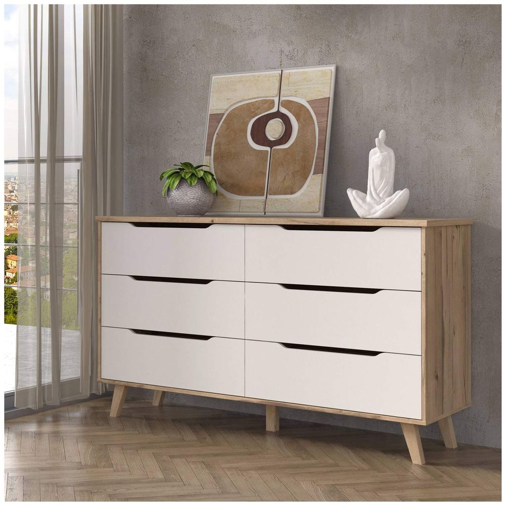 Kommode mit 6 Schubladen – Spanplatte – Eiche und Weiß – 154 x 42 x 86 cm