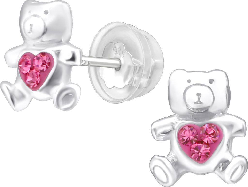 Kinder Ohrringe Ohrstecker 925 Sterling Silber Teddybär mit Kristallen in verschiedenen Farben Farbe - Pink