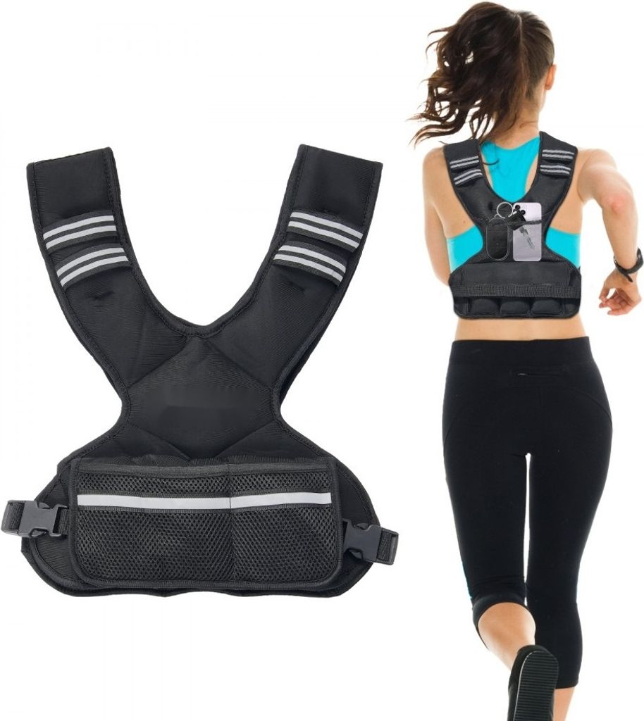 A woman is running while wearing a weighted vest.