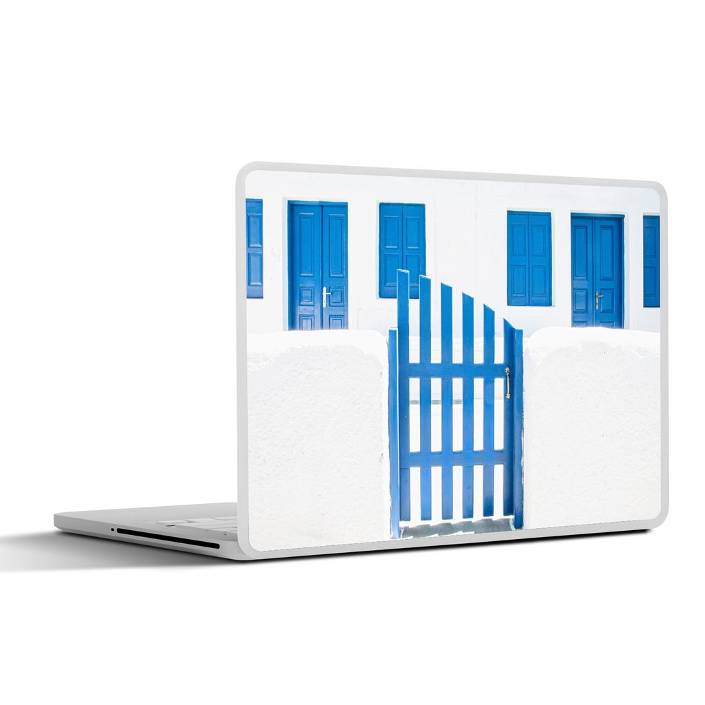 MuchoWow Laptop Aufkleber Sticker Cover Architektur - Zaun - Weiß - Blau - Türen 36.5x27.5 cm - Laptop-Sticker