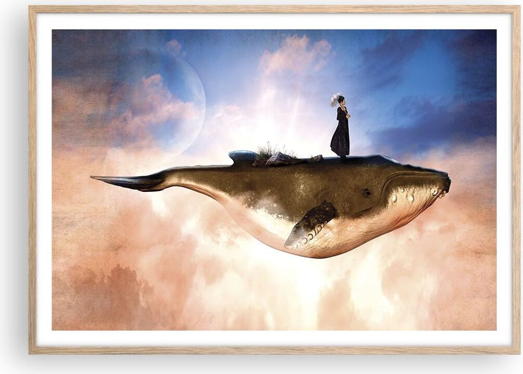 Gerahmtes Poster - Rahmen in heller Eiche - Wal Frau Himmel - 100x70 cm - Wand Bild - Wanddeko - Wandbilder - Kunstposter - Wandposter - Bilderrahm...