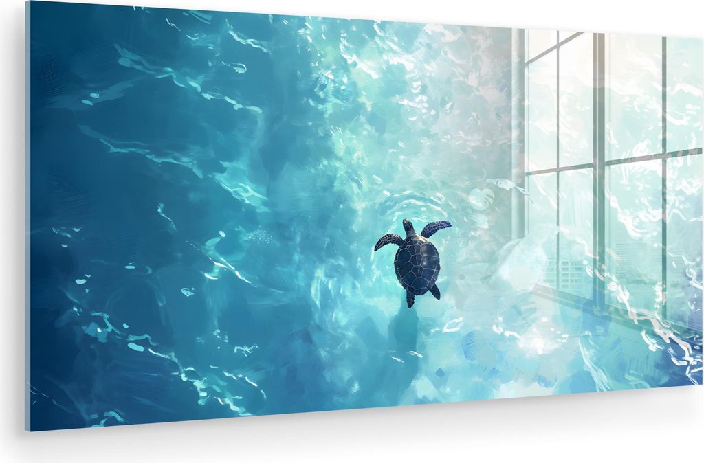 MuchoWow Glasbilder - Bilder auf Wandbild - Foto auf Glas Schildkröte - Meer - Blau - Glitzern 80x40 cm Wanddekoration aus Glas - Acrylglasbild - ...