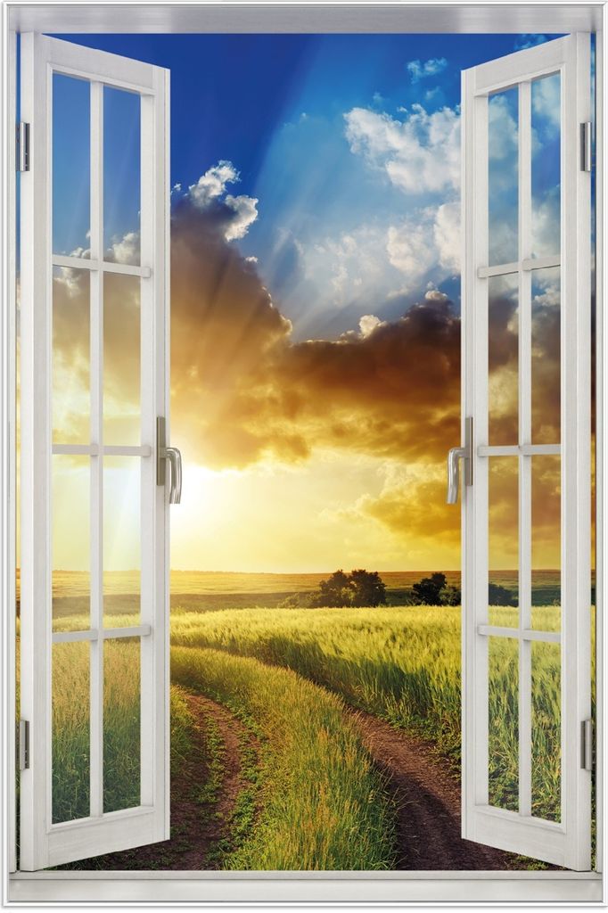 Wallario Wandbild mit Fenster-Illusion: Feldweg in den Sonnenuntergang, Größe: 61 x 91,5 cm, Poster mit weißem Aluminiumrahmen