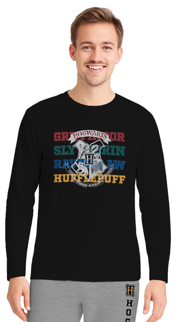 Harry Potter Schlafanzug für Herren - Hogwarts Pyjama Set Langarm Oberteil mit Hose Grau/Schwarz XL