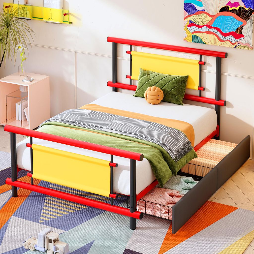 okwish Kinderbett 90x200 Einzelbett mit 2 Schubladen Metallbett Bettgestell robuste Stahlkonstruktion Platzsparendes Funktionsbett Rot+Gelb(mit Mat...