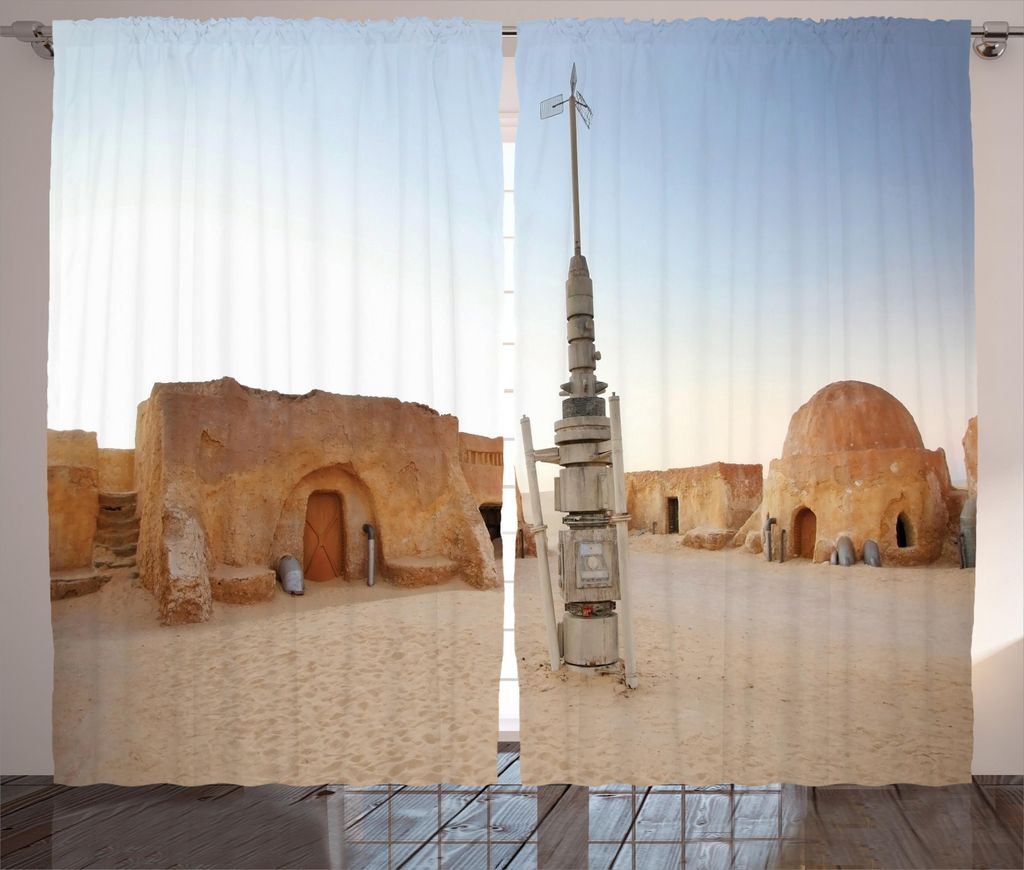 ABAKUHAUS Galaxis Rustikaler Gardine, Planet Stadt Wars-Bild, Schlafzimmer Kräuselband Vorhang mit Schlaufen und Haken, 280 x 245 cm, Braun Blau