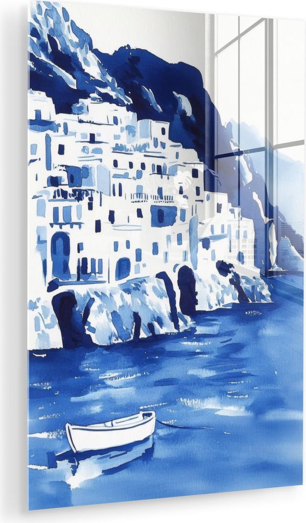 MuchoWow Glasbilder - Bilder auf Wandbild - Foto auf Glas Dorf - Felswand - Ruderboot - Wasser 80x120 cm Wanddekoration aus Glas - Acrylglasbild - ...
