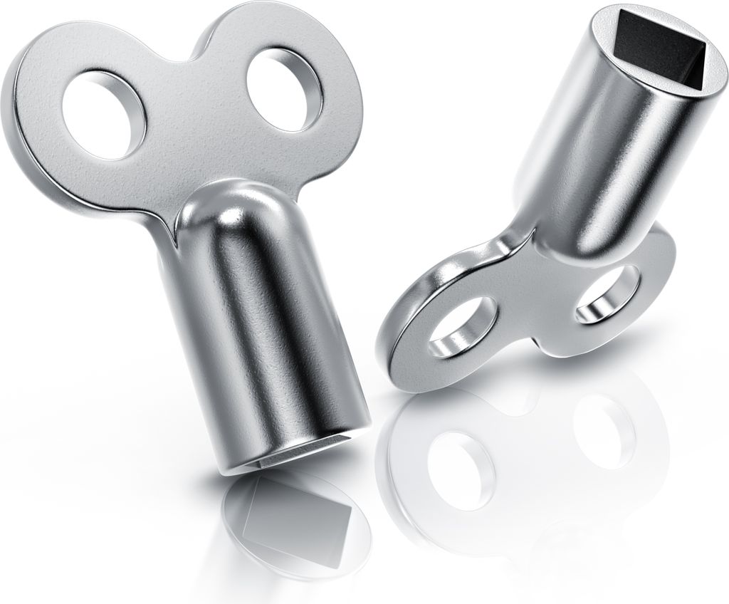 Two silver wind-up keys are shown against a white background, with reflections below them.