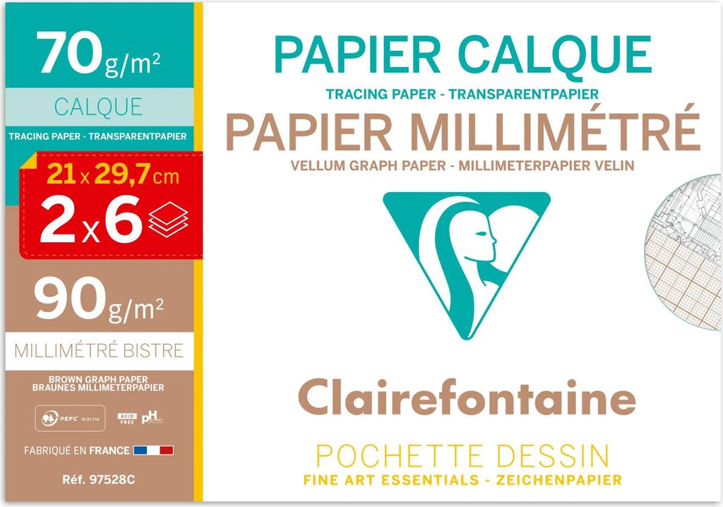Clairefontaine 10x Millimeterpapier 6 Blatt+ Transparent 6 Blatt DIN A4 97528C