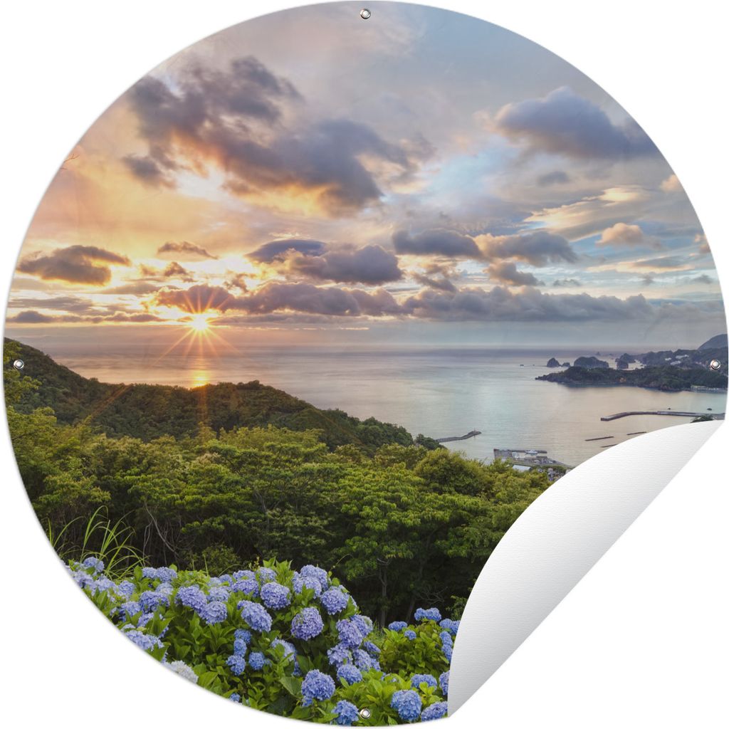 MuchoWow Gartenposter Outdoor-Poster Rund Hortensienblüten im Sonnenuntergang Ø 120 cm Gartendeko Rundes Poster draußen