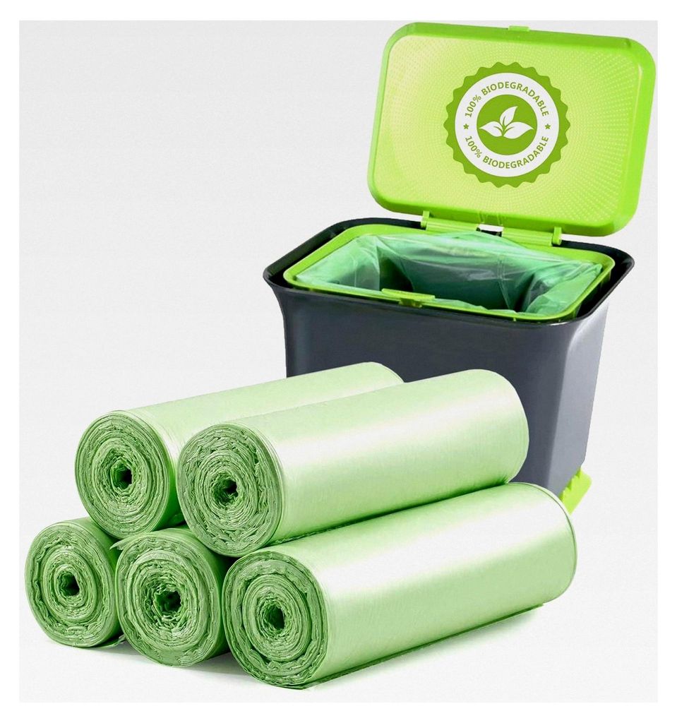 Biologisch abbaubare Müllbeutel 20 Liter, 100 Stück, aus Maisstärke, recycelbare Beutel für Küche, Badezimmer und Wohnzimmer, hellgrün