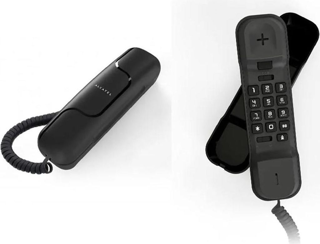 A split image showing two views of a black Alcatel corded phone.