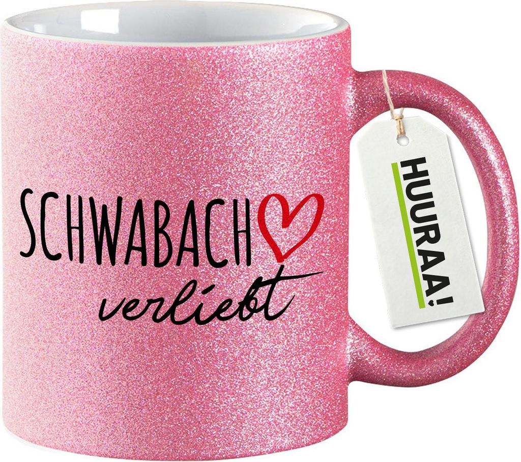 Huuraa Glitzertasse Schwabach verliebt 330ml Pink Keramik Kaffeebecher Geschenkidee